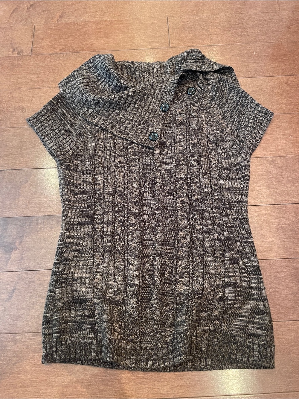 Brown Cable-Knit Short-Sleeve Sweater with Buttoned Cowl Neck